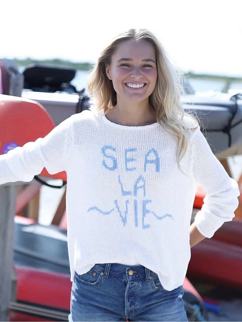 Wooden Ships White Crewneck Sweater with Light Blue "SEA LA VIE"